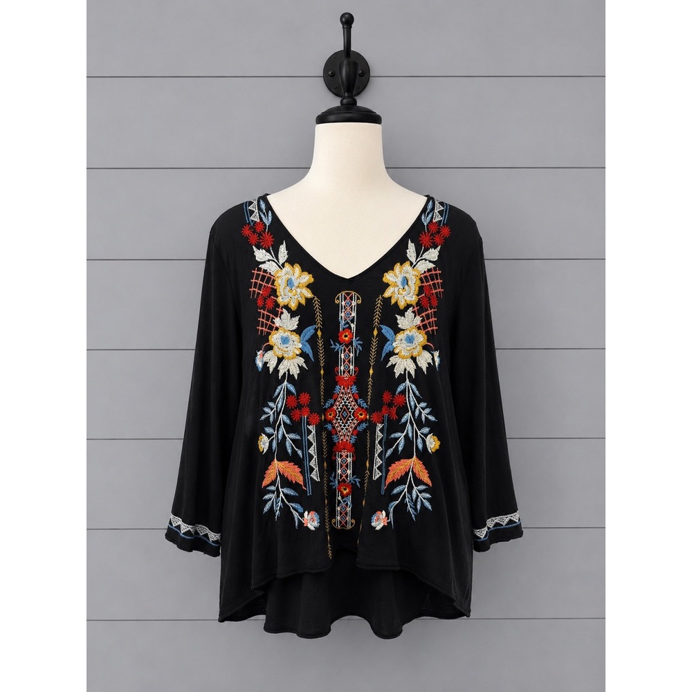 Caite Embroidered Top Black Floral Boho V-Neck 3/4 Sleeve Cotton Size Lartge